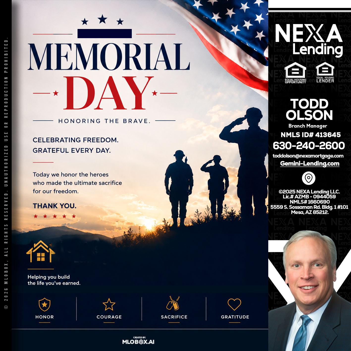 MEMORIAL DAY - Todd Olson -Branch Manager